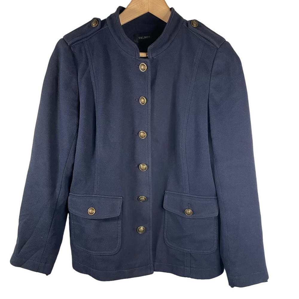 Talbots Navy Blue Band Jacket Size 12 Military Style Knit Blazer Preppy Classic